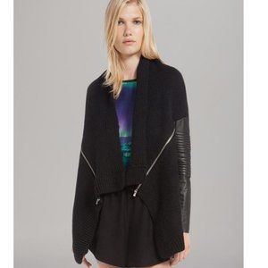 Maje ‘Doucer’ Wool Cardigan Leather Moto Sleeve